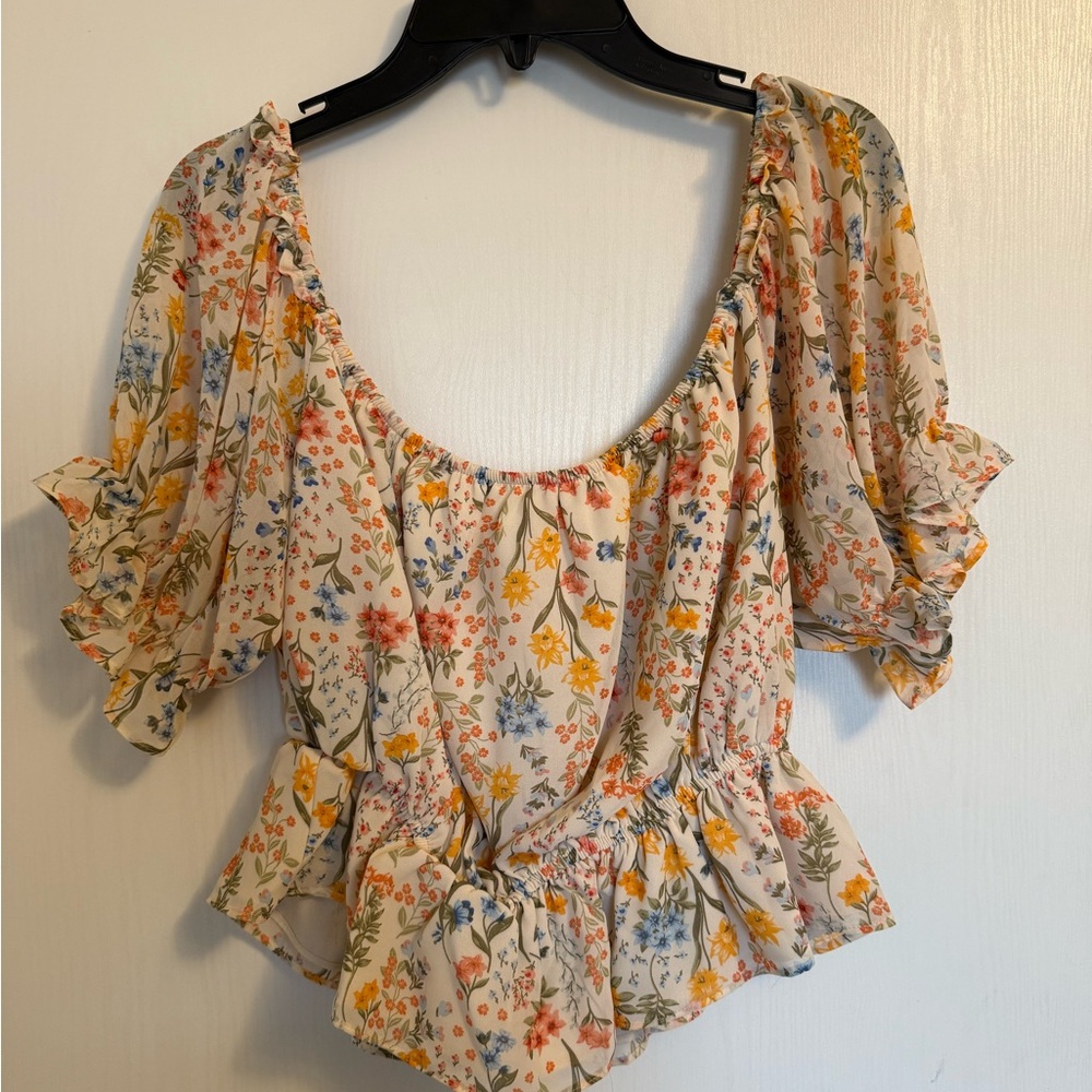 Sugarlips Floral Blouse with Cream, Orange, and Blue